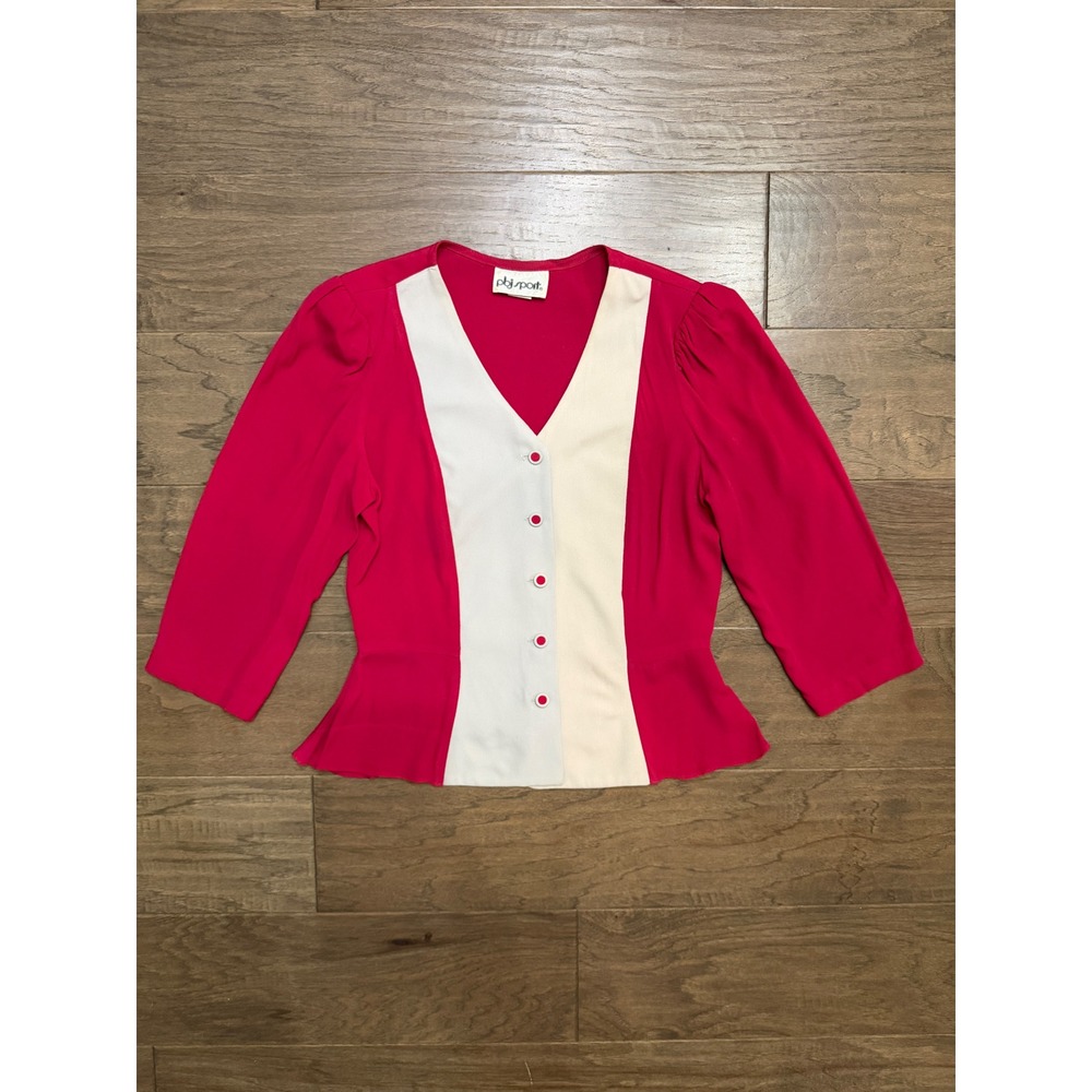 Vintage PBJ Sport Blouse Womens Pink Cream Acetate Rayon Colorblock Peplum Top